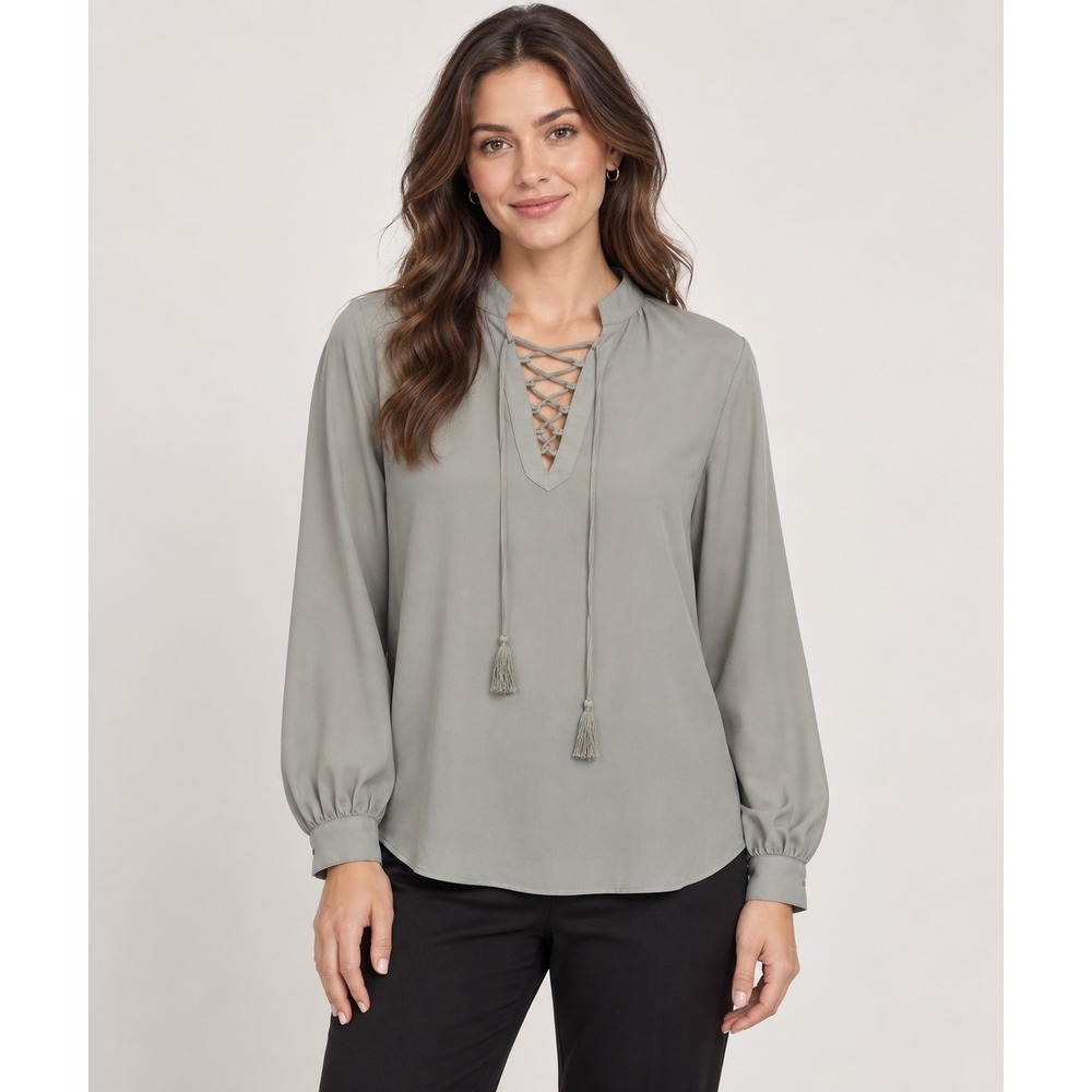 Silver Jeans Co Womens Sage Green Lace Up Tassel V-Neck Blouse Small
